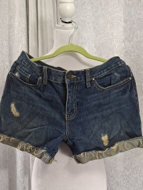 PINK Victoria's Secret Dark Blue Distressed Rolled-Hem Jean Shorts